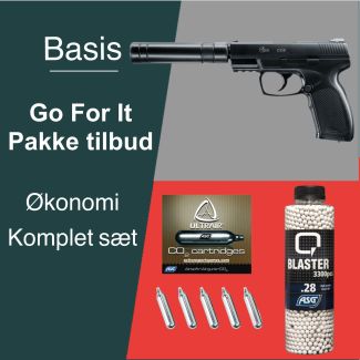 Basis Økonomi Go for it Airsoft tilbud, CO2 pistol Combat Zone COP SK med lyddæmper.
